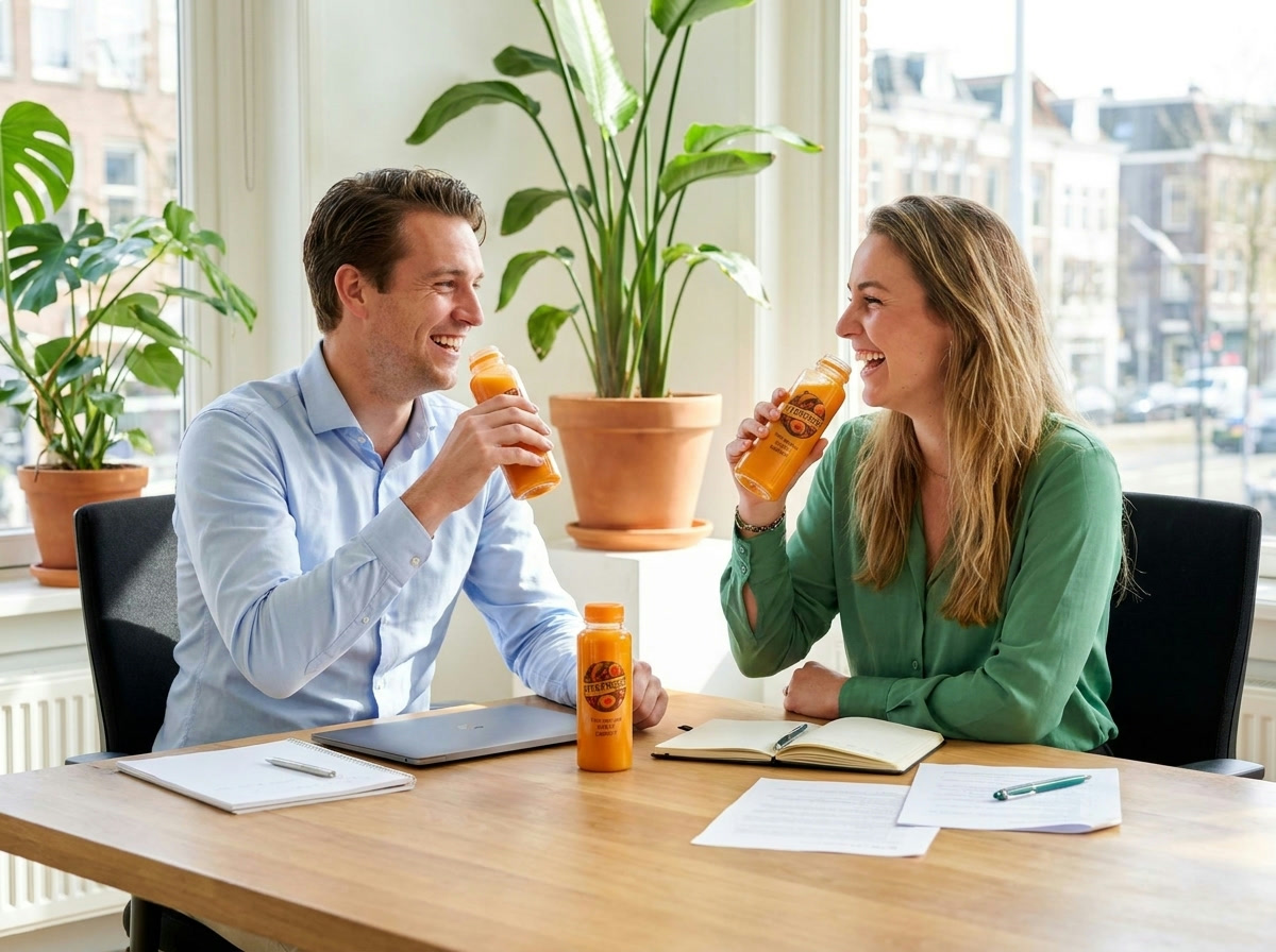 Collega's genieten van vers sap op kantoor
